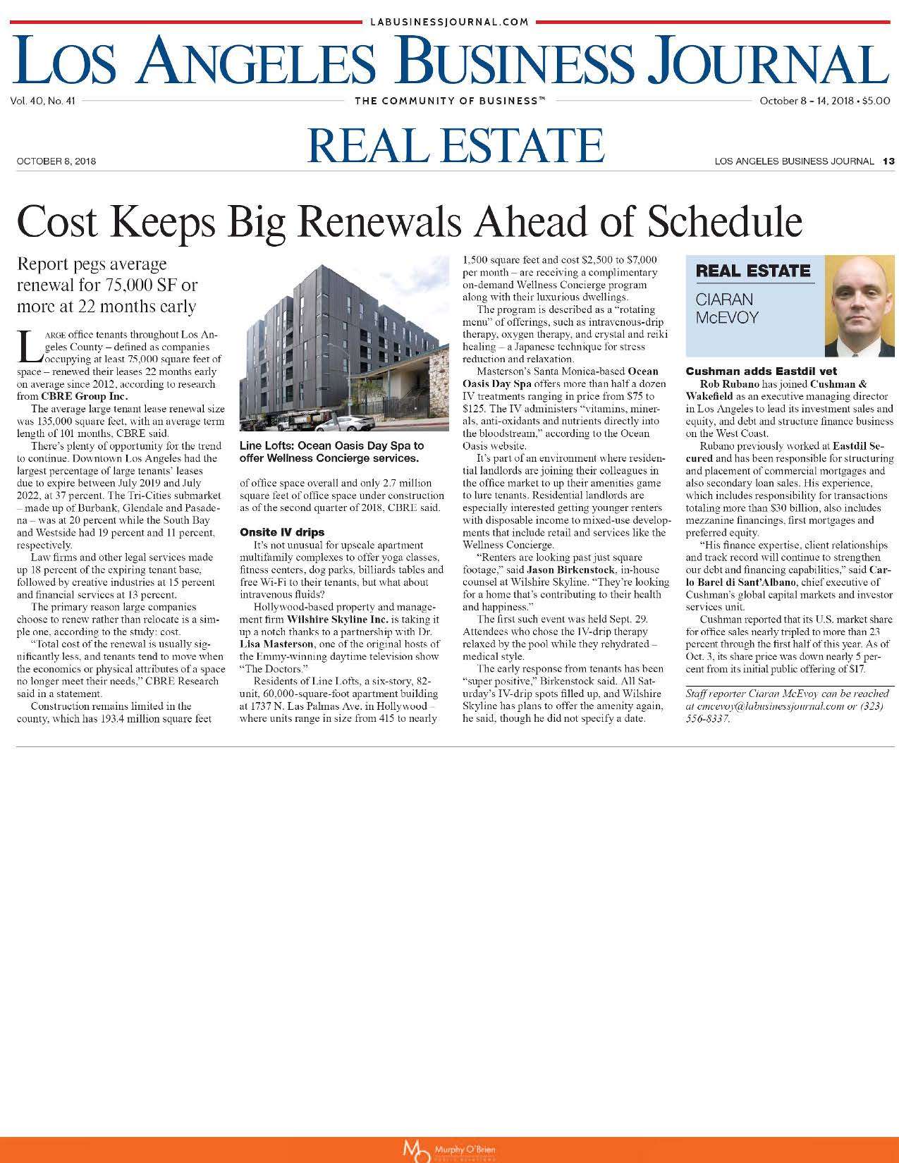Los Angeles Business Journal October 8 2018 The Line Lofts